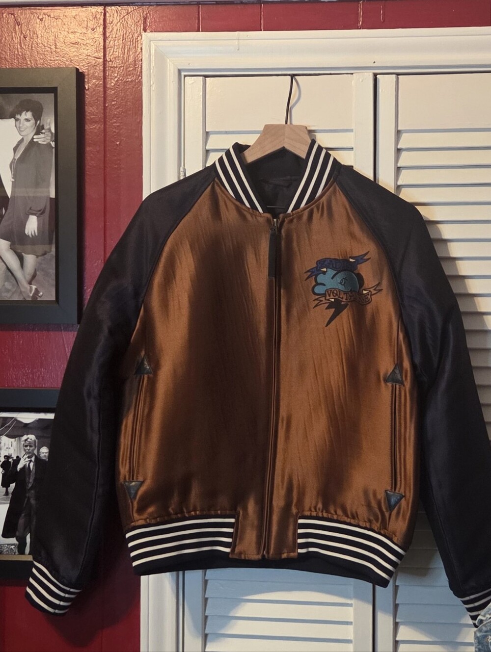 Zadig & Voltaire Satin Bomber Jacket in Brown and Black with Graphic Back -Sz SM - Picture 3 of 13